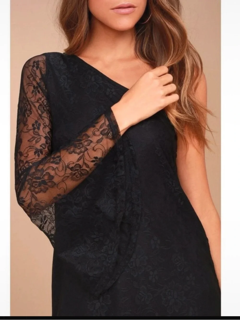 Lulus Black Floral Lace One Shoulder Bell Sleeve Mini Dress XS NWT